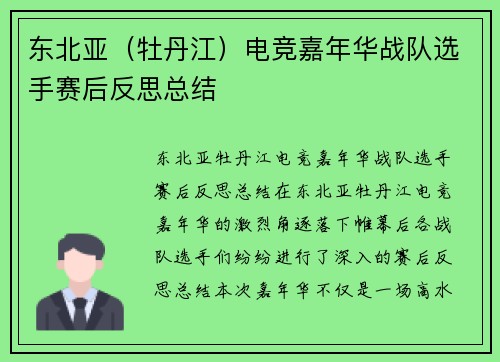 东北亚（牡丹江）电竞嘉年华战队选手赛后反思总结